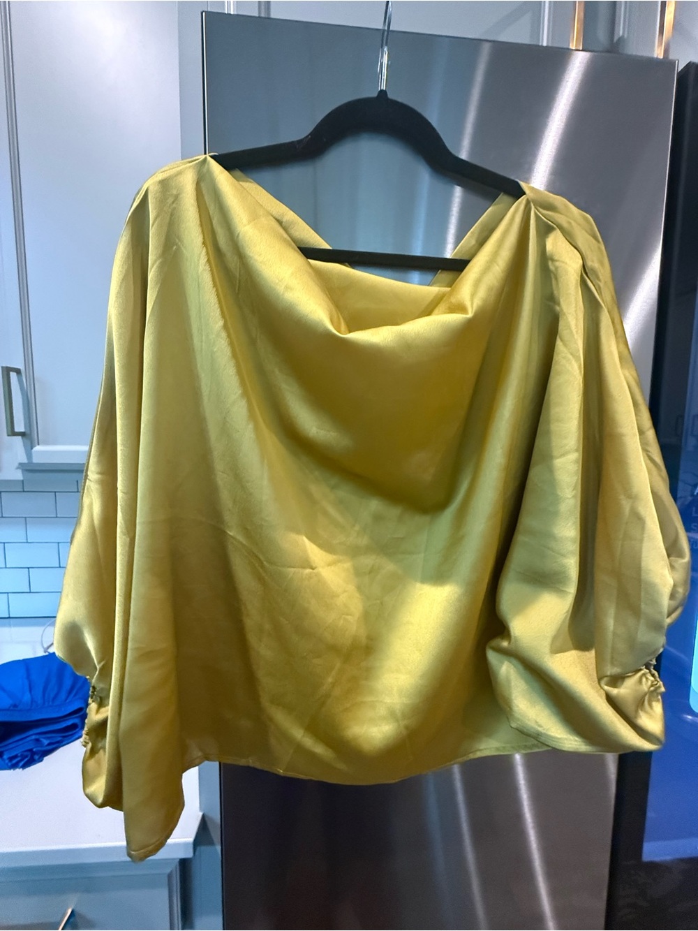 Aritzia Satin Draped Boatneck Blouse in Yellow-Green